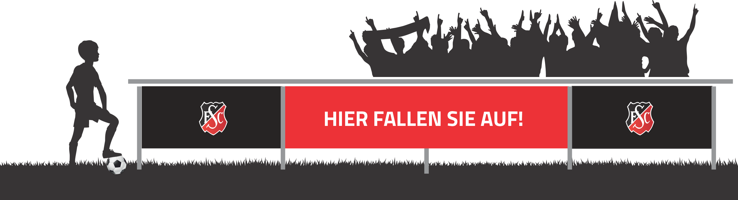 Grafik mit einem Fußballer vor der Bande, dahinter die Fans